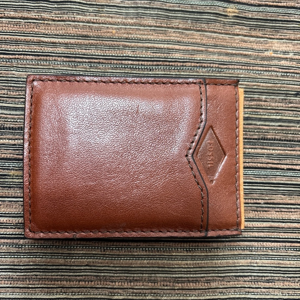 Brown Leather Wallet Money Clip Key / Card Holder with Embossed Design